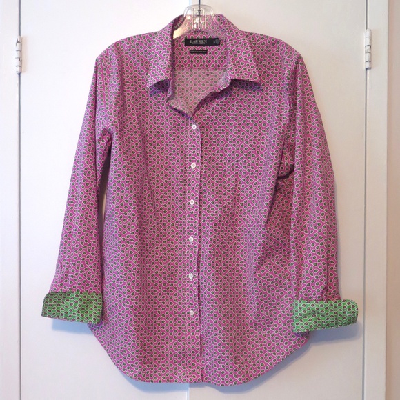 Lauren Pink Paisley No-Iron Stretch Shirt - Contrast Collar and Cuff - Picture 1 of 14